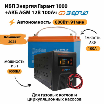 ИБП для котла Энергия Гарант 1000 + Аккумулятор 100 Ач 12 В (600Вт - 91мин) - ИБП и АКБ - ИБП для котлов - . Магазин оборудования для автономного и резервного электропитания Ekosolar.ru в Рыбинске
