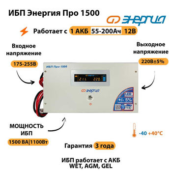 Энергия ИБП Про 1500 12В - ИБП и АКБ - ИБП для котлов - . Магазин оборудования для автономного и резервного электропитания Ekosolar.ru в Рыбинске