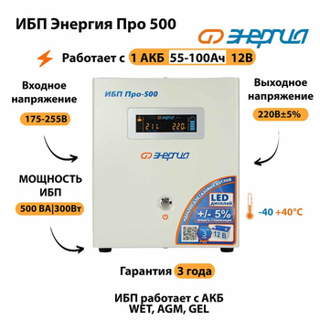 Энергия ИБП Про 500 12В - ИБП и АКБ - ИБП для котлов - . Магазин оборудования для автономного и резервного электропитания Ekosolar.ru в Рыбинске
