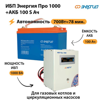 ИБП Энергия Про 1000 + Аккумулятор S 100 Ач - 12В (700Вт - 78мин) - ИБП и АКБ - ИБП для котлов - . Магазин оборудования для автономного и резервного электропитания Ekosolar.ru в Рыбинске