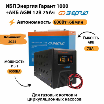 ИБП для котла Энергия Гарант 1000 + Аккумулятор 75 Ач 12 В (600Вт - 68мин) - ИБП и АКБ - ИБП для котлов - . Магазин оборудования для автономного и резервного электропитания Ekosolar.ru в Рыбинске