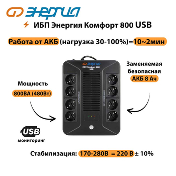ИБП Комфорт 800 USB Энергия - ИБП и АКБ - ИБП для компьютера - . Магазин оборудования для автономного и резервного электропитания Ekosolar.ru в Рыбинске