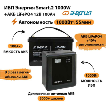 ИБП Энергия Smart.2 1000W + Аккумулятор LiFePO4 12v-100Ah (1000Вт-55мин) - ИБП и АКБ - ИБП Энергия - ИБП на 1 кВА - . Магазин оборудования для автономного и резервного электропитания Ekosolar.ru в Рыбинске