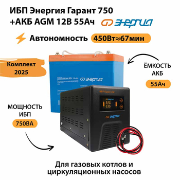 ИБП для котла Энергия Гарант 750 + Аккумулятор 55 Ач 12 В (450Вт - 67мин) - ИБП и АКБ - ИБП для котлов - . Магазин оборудования для автономного и резервного электропитания Ekosolar.ru в Рыбинске
