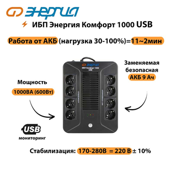 ИБП Комфорт 1000 USB Энергия - ИБП и АКБ - ИБП для компьютера - . Магазин оборудования для автономного и резервного электропитания Ekosolar.ru в Рыбинске
