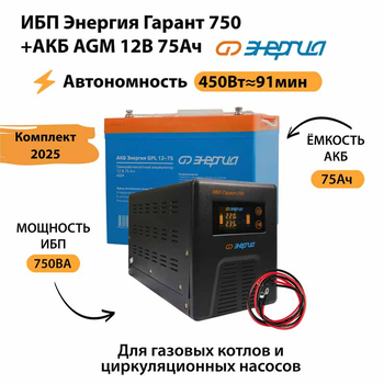 ИБП для котла Энергия Гарант 750 + Аккумулятор 75 Ач 12 В (450Вт - 91мин) - ИБП и АКБ - ИБП для котлов - . Магазин оборудования для автономного и резервного электропитания Ekosolar.ru в Рыбинске