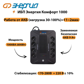 ИБП Комфорт 1000 Энергия - ИБП и АКБ - ИБП для компьютера - . Магазин оборудования для автономного и резервного электропитания Ekosolar.ru в Рыбинске