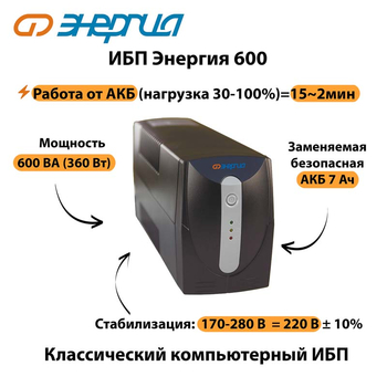Энергия ИБП 600 - ИБП и АКБ - ИБП для компьютера - . Магазин оборудования для автономного и резервного электропитания Ekosolar.ru в Рыбинске